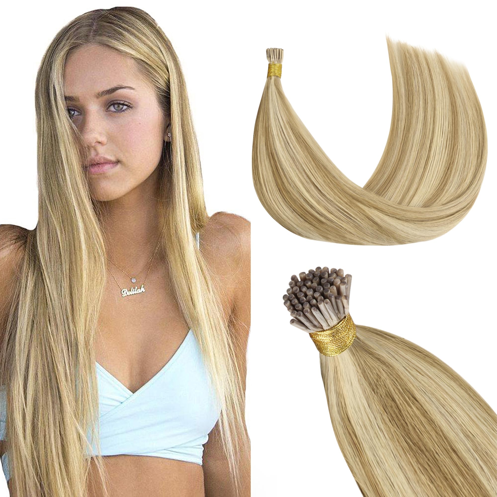 GOO GOO I Tip Hair Extensions Real Human Hair, 22inch 50g 50S, Invisible Remy Cold Fusion I Tip Hair Extensions, 16/22 Light Blonde Highlighted Golden Blonde
