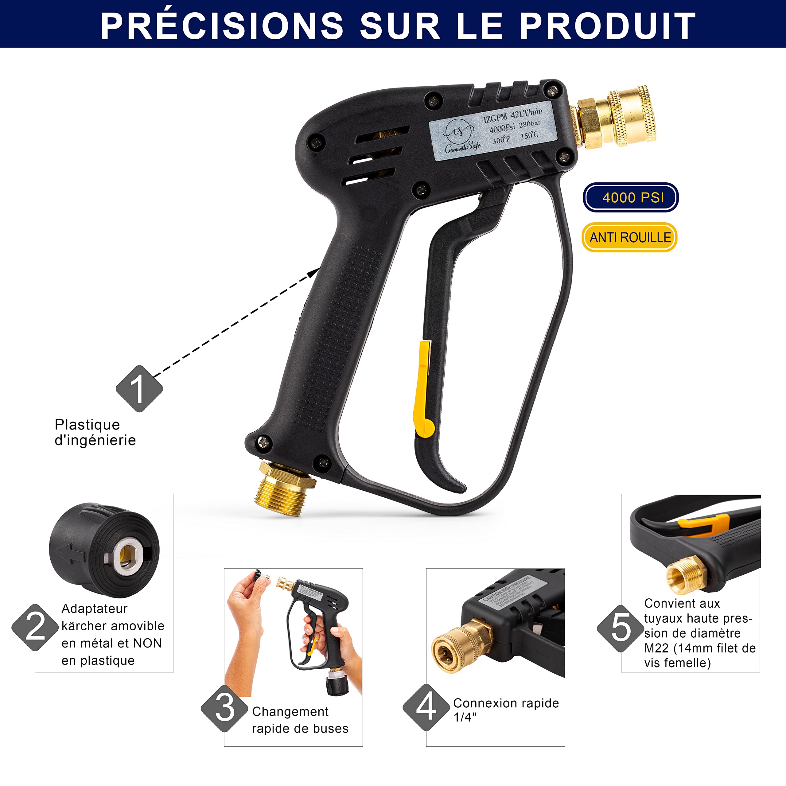 Adaptateur De Pistolet De Nettoyeur Haute Pression De 6,35 Mm Avec 5 Embouts De Pulvérisation