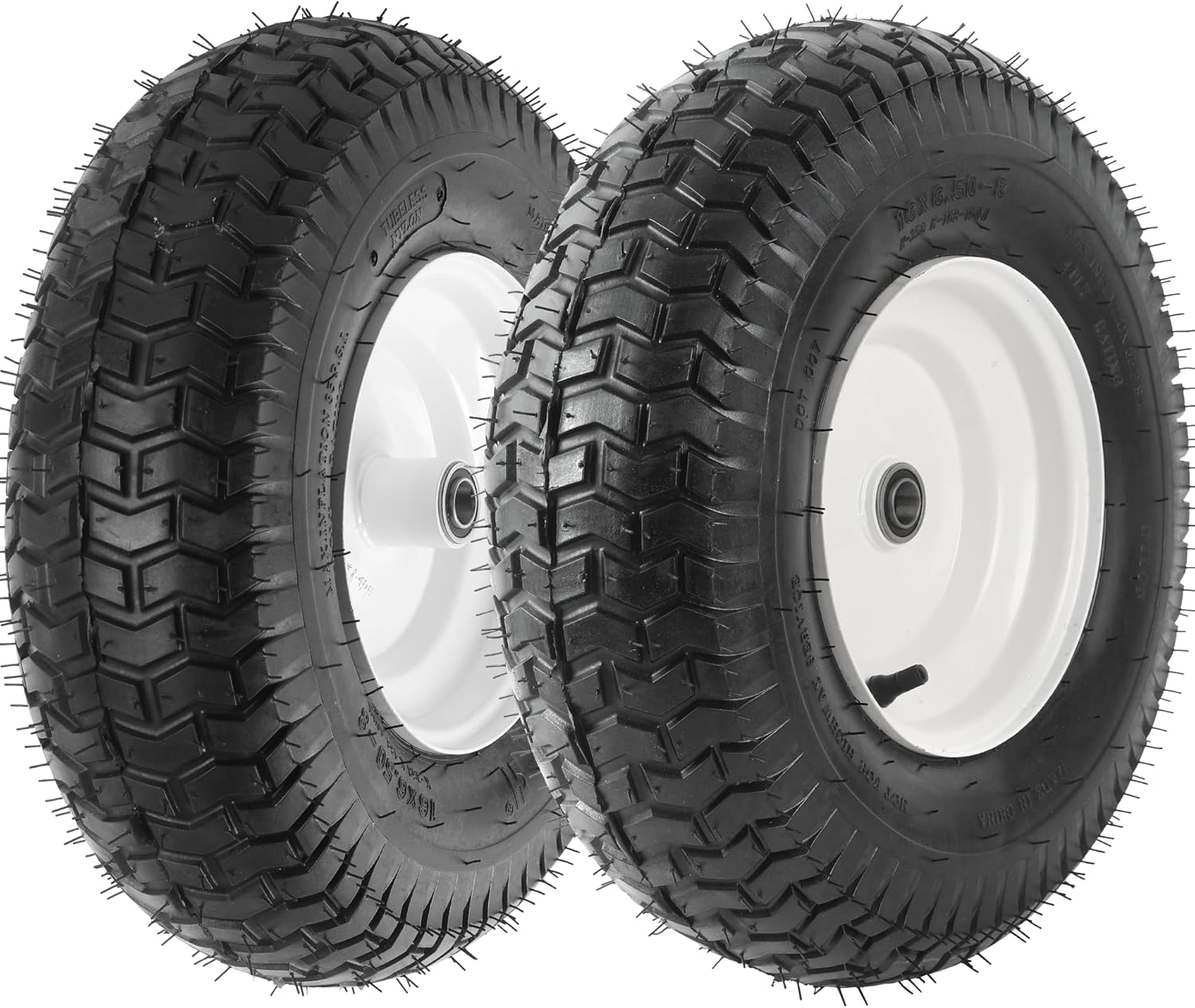 (2-Pack) 16x6.50-8 Pneumatic Tires on Rim - Universal Fit Lawn Mower and Yard Tractor Wheels - With Chevron Turf Treads - 3" Centered Hub and 3/4" Bushings - 396 lbs Max Weight Capacity