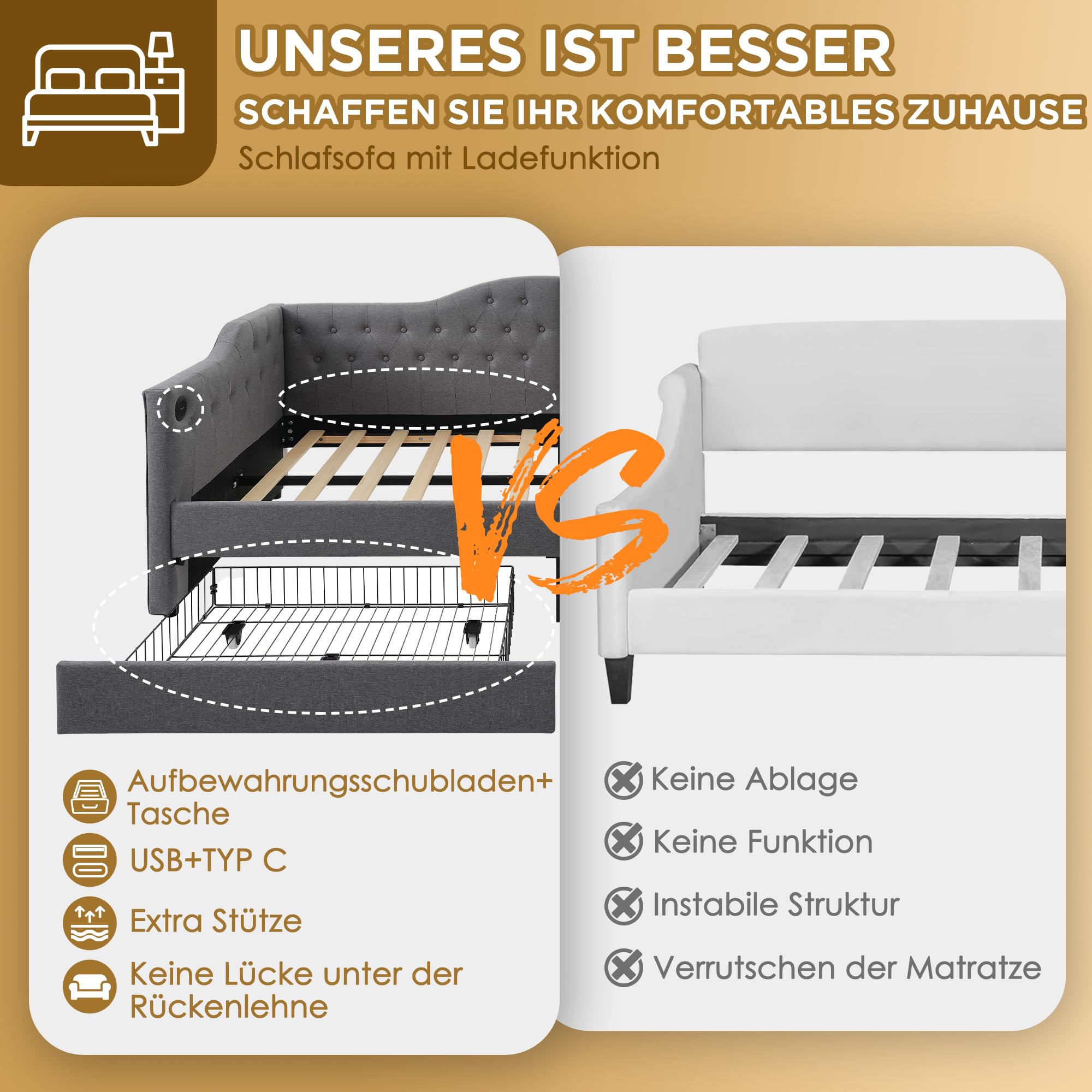 Rtopsu Divano Letto Imbottito 90x200 cm con USB Type C, Letto per Bambini con 2 Cassetti Contenitore, Letto per Ragazzi Struttura Letti con Telaio a Doghe in Legno, Lino, Grigio, Senza Materasso