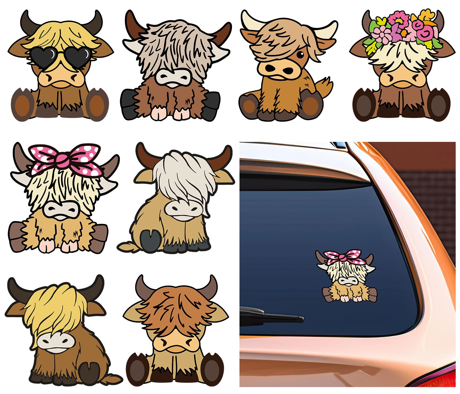 JarThenaAMCS 8Pcs Highland Cow Car Decals Assorted Brown Cow Vinyl Decals Self-Adhesive Cute Bumper Sticker for Car Truck Computer Suitcase Mailbox