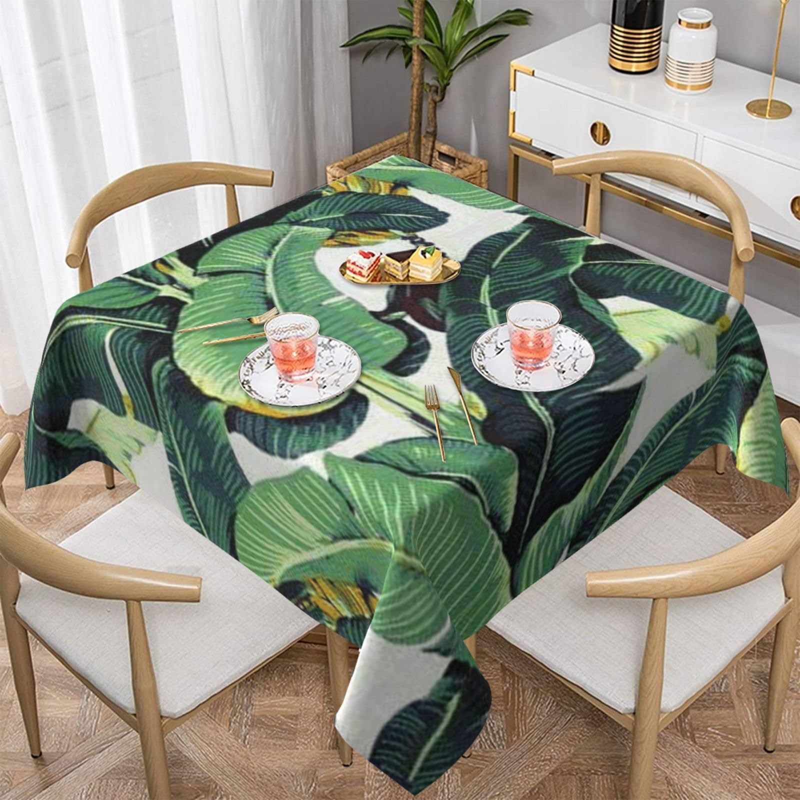DCEHGEW Tropical Banana Palm Leaves Prints Square Tablecloth 152x152 CM, Waterproof Fabric Table Cloth for Dining Table, Farmhouse Table Cover for Kitchen Dining Tabletop Decoration