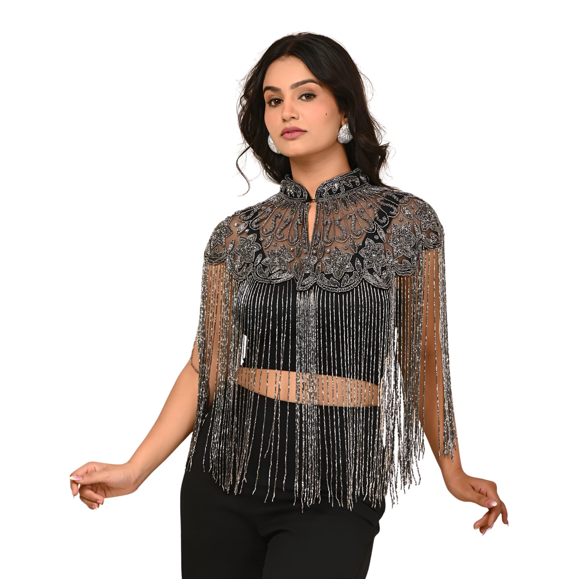 cholis creation Women’s Net Beaded Cape with Silver Embroidery and Long Mercury Fringe | Free Size Capelet for Ethnic and Western Outfits-picture-11