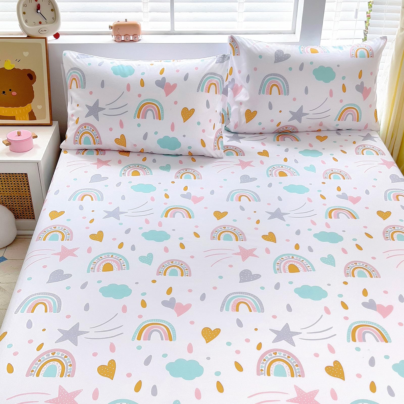 Queen Sheet Set Kids - Sky Blue 4 Pieces Soft Microfiber Cartoon Style Bedsheets for Boys Girls Teens, Oeko TEX Breathable 15 Inch Deep Pocket Sheets(Rainbow)