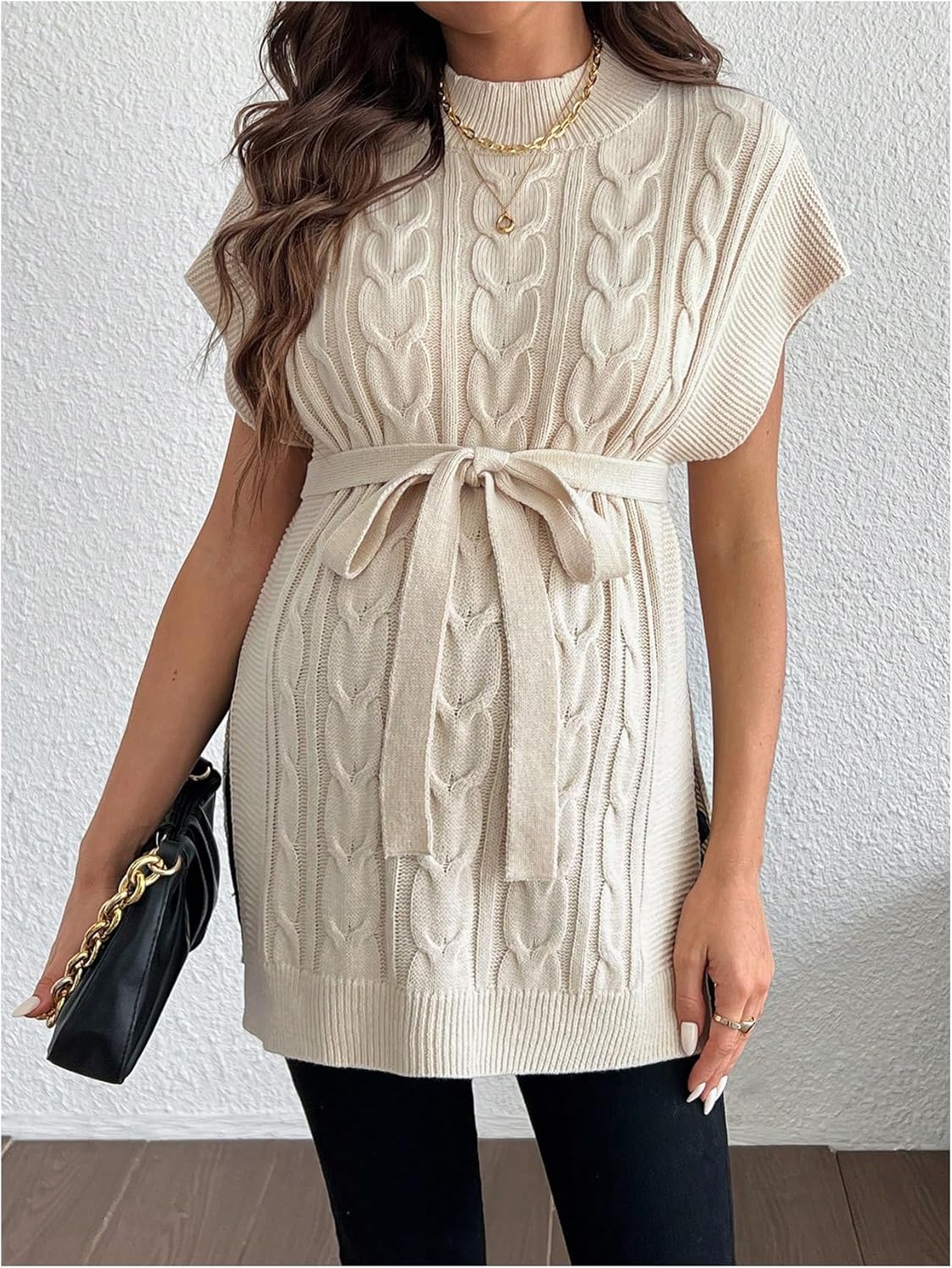 MakeMeChic Women's Maternity Sweater Cable Knit Mock Neck Cap Sleeve Split Pregnancy Pullover Top - Image 5