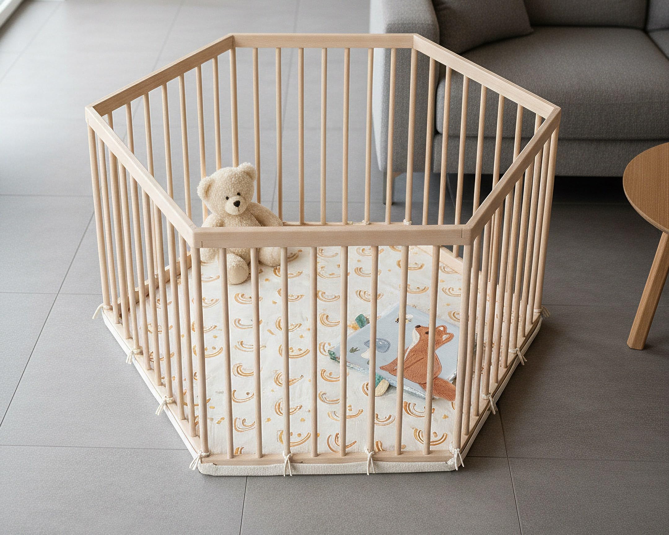 WEBABY - Parc bébé hexagonal en bois ALVEO avec fond textile - 125 x 106 x 65 cm