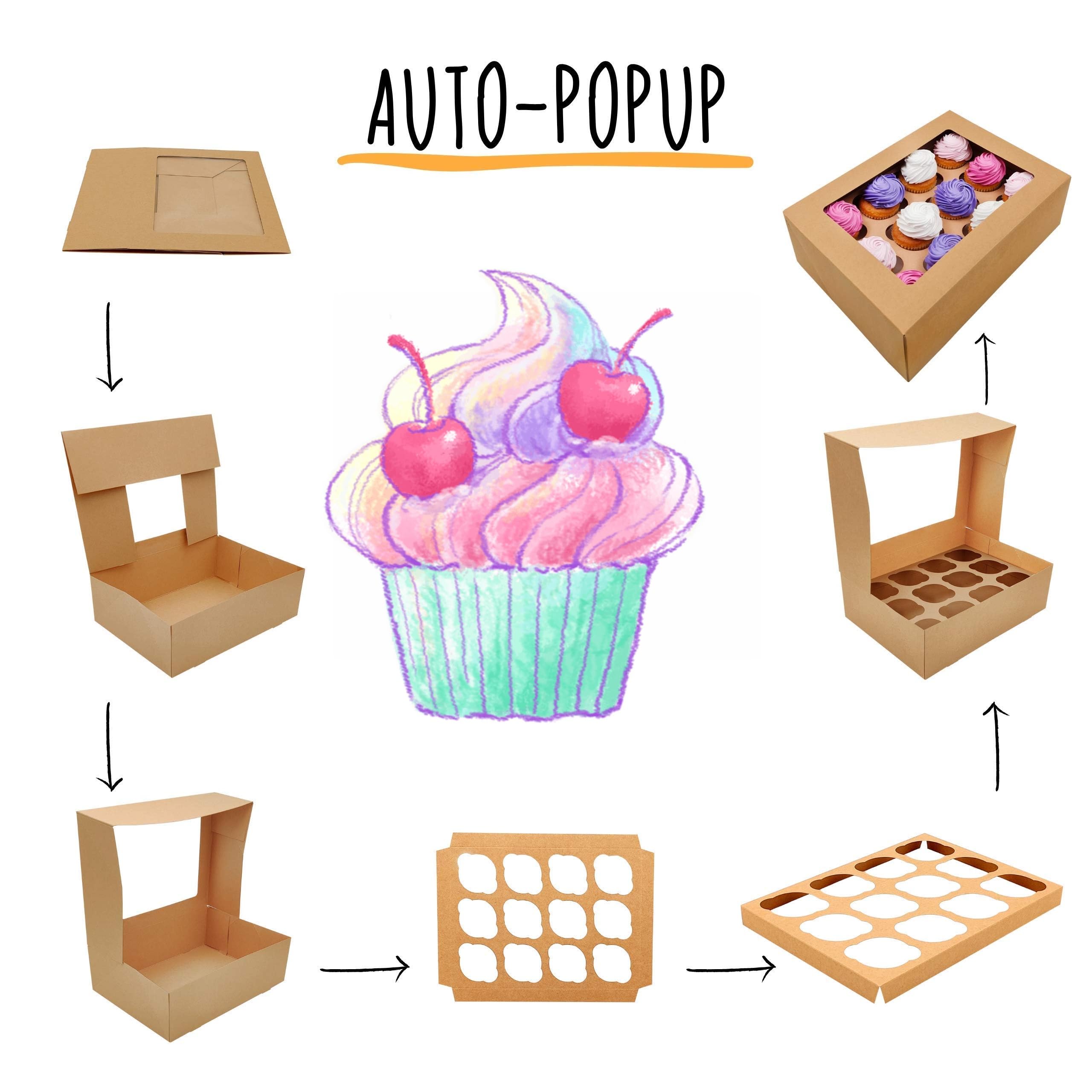 Cajas para cupcakes Kraft Bakery con ventana, 33 x 24 x 10 cm, paquete de 12 recipientes de transporte + 12 insertos para cupcakes, cajas rectangulares para tartas, gruesas y resistentes, 400 g/m²