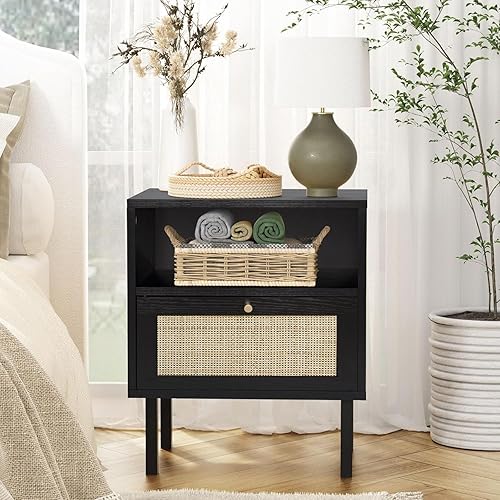 Miniatura 7 de Angel Sar Juego de 2 mesitas de noche de ratán, mesita de noche bohemia negra con puerta de ratán, gabinete de almacenamiento, espacio de