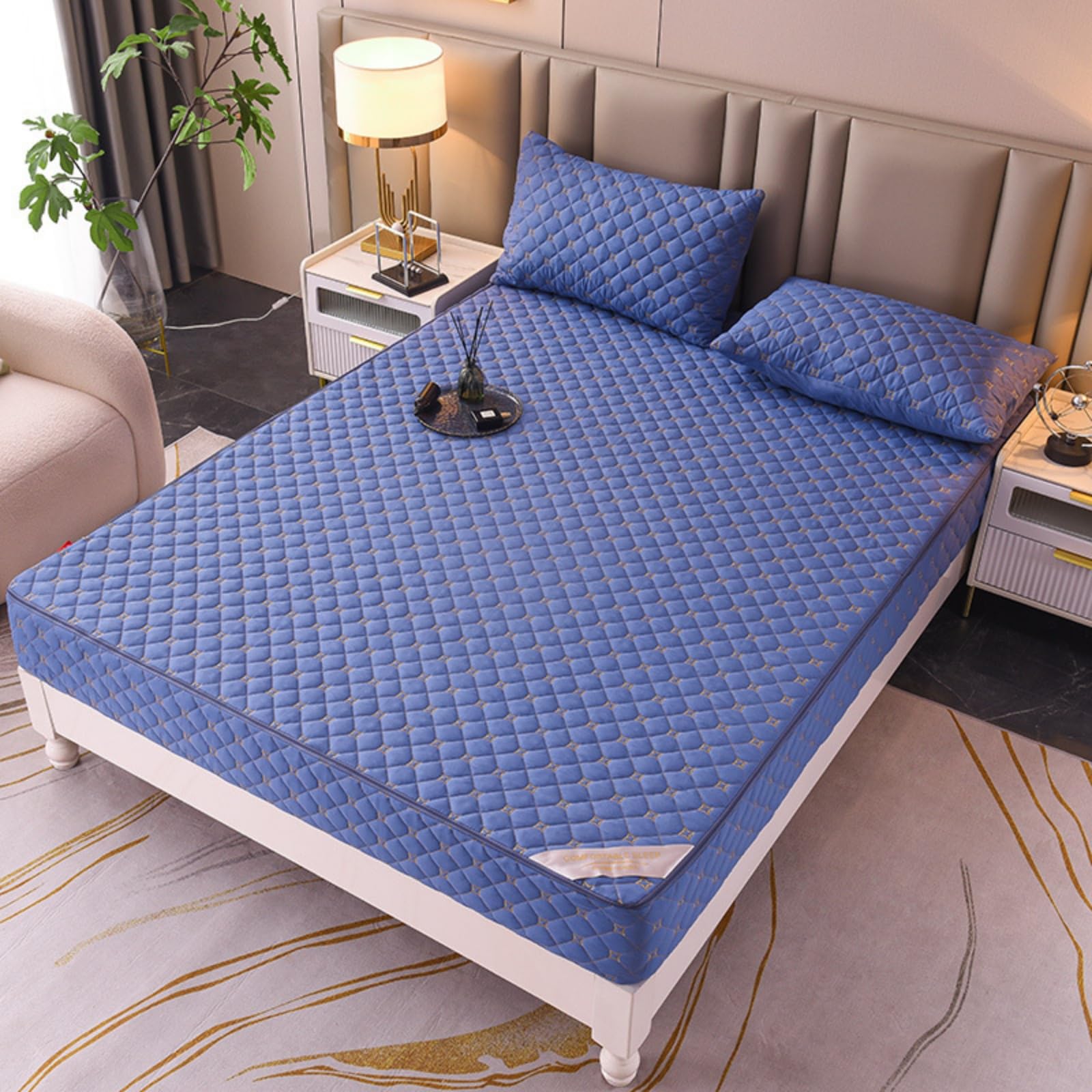 Morbuy Coprimaterasso Singolo Matrimoniale Impermeabile, Coprimaterasso Una Piazza e Mezza Antiacaro con Cerniera Morbida e Traspirante per Materassi Altezza 25cm (120x200+25cm,LA02 Blu)