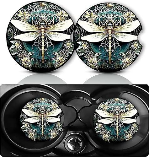 Paquete de 2 portavasos de automóvil con diseño de libélula, tamaño universal de 2.75 pulgadas, tapete de goma antideslizante, regalo de libélula,
