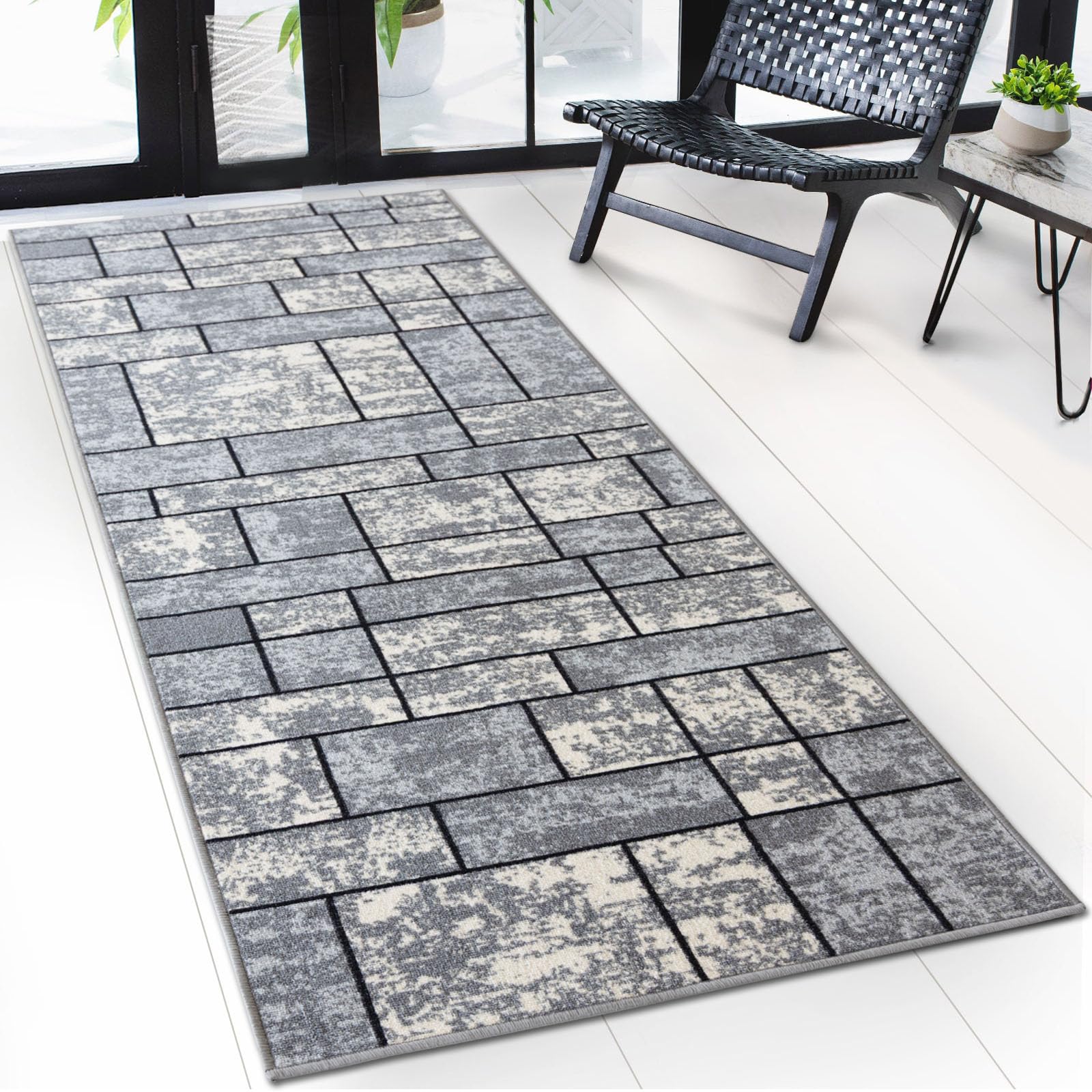 Floordirekt Mannheim Grey Carpet Runner With Pattern - Custom-Made Fine Loop Rug Runner For Kitchen, Hallway & Living Room - (80 X 350 Cm)