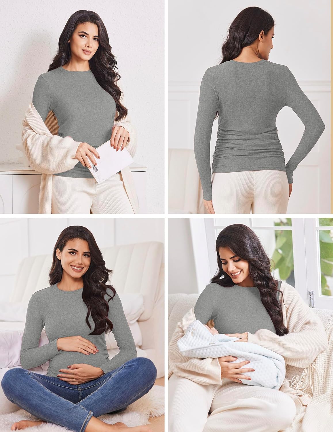 Ekouaer Maternity Long Sleeve Shirt 3Packs Round Neck Pregnancy Tops Casual Tee Top Shirts - Image 2