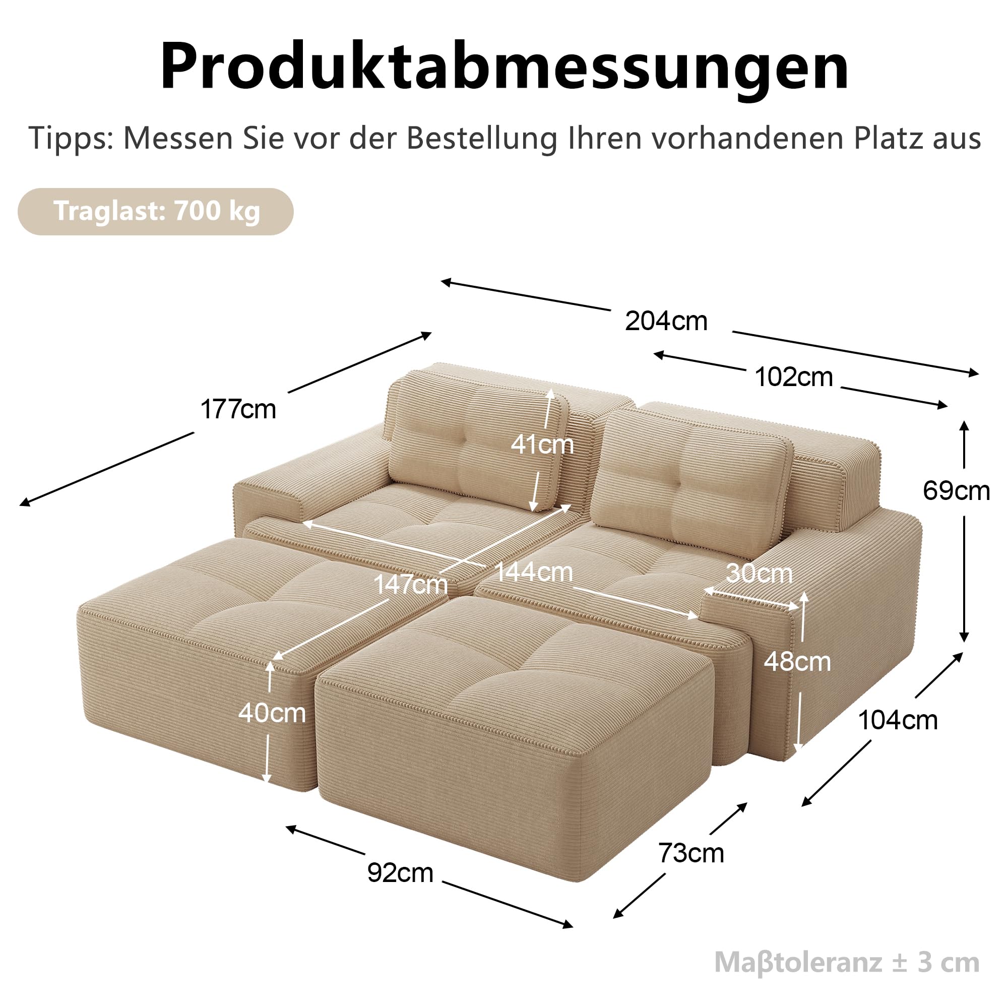 U förmiges Modulsofa 2 Sitzer mit Ottoman, Cord, Tiefsitz, Beige