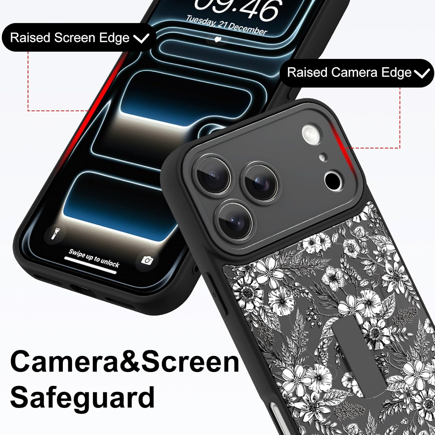 Magnetic Case for iPhone 17 Pro,Compatible with MagSafe,Finger Strap Kickstand for Women Girl Men,Cute Aesthetic Flowers Pattern,Soft Slim Full Camera Protection,Black
