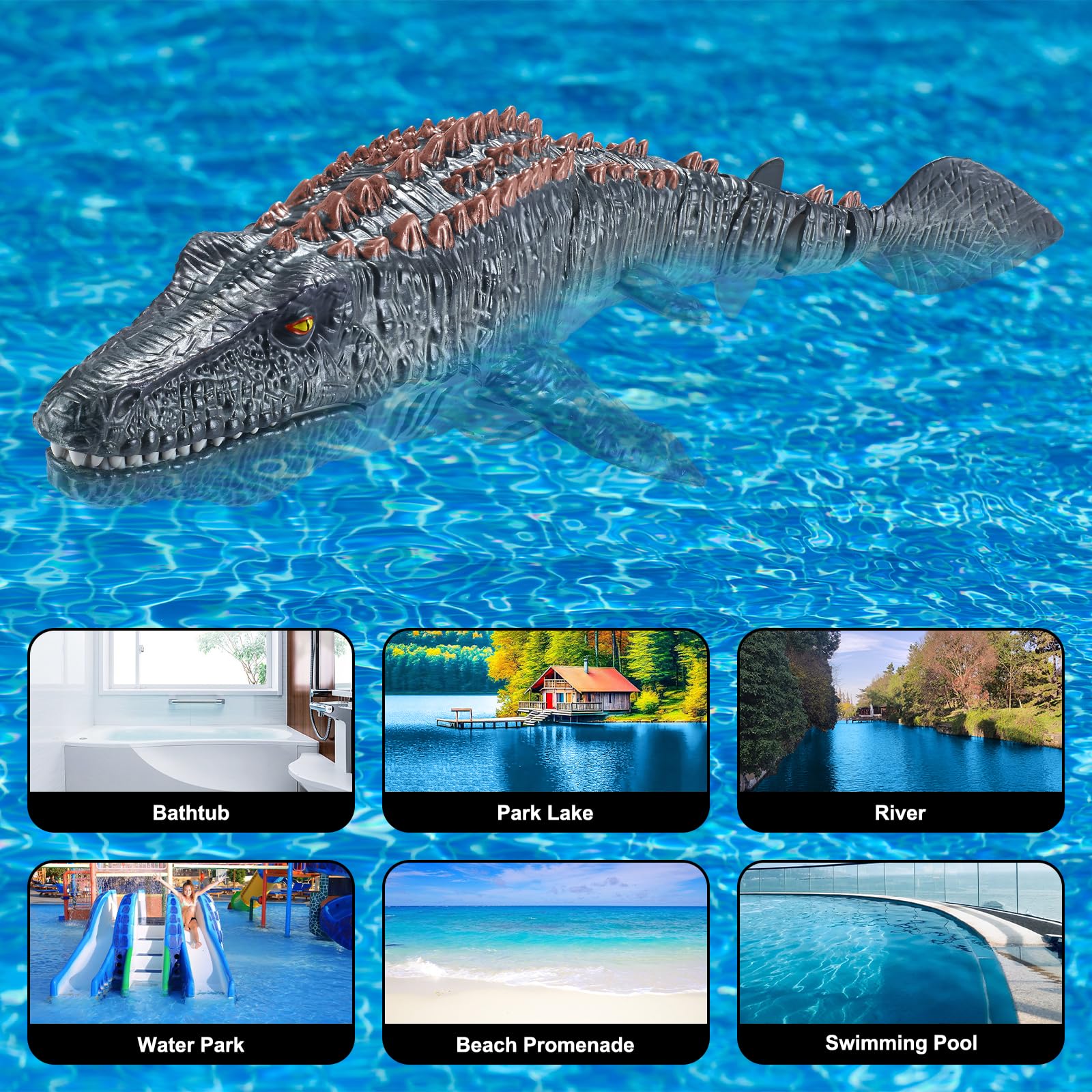 Barca Telecomandata Mosasaurus 2.4GHz con Luce & Spray, RC Barca Telecomandata Dinosaur per Bambini, Regalo di Natale e Compleanno, Piscine e Laghi Giocattolo Spruzzare Acqua (Grigio)