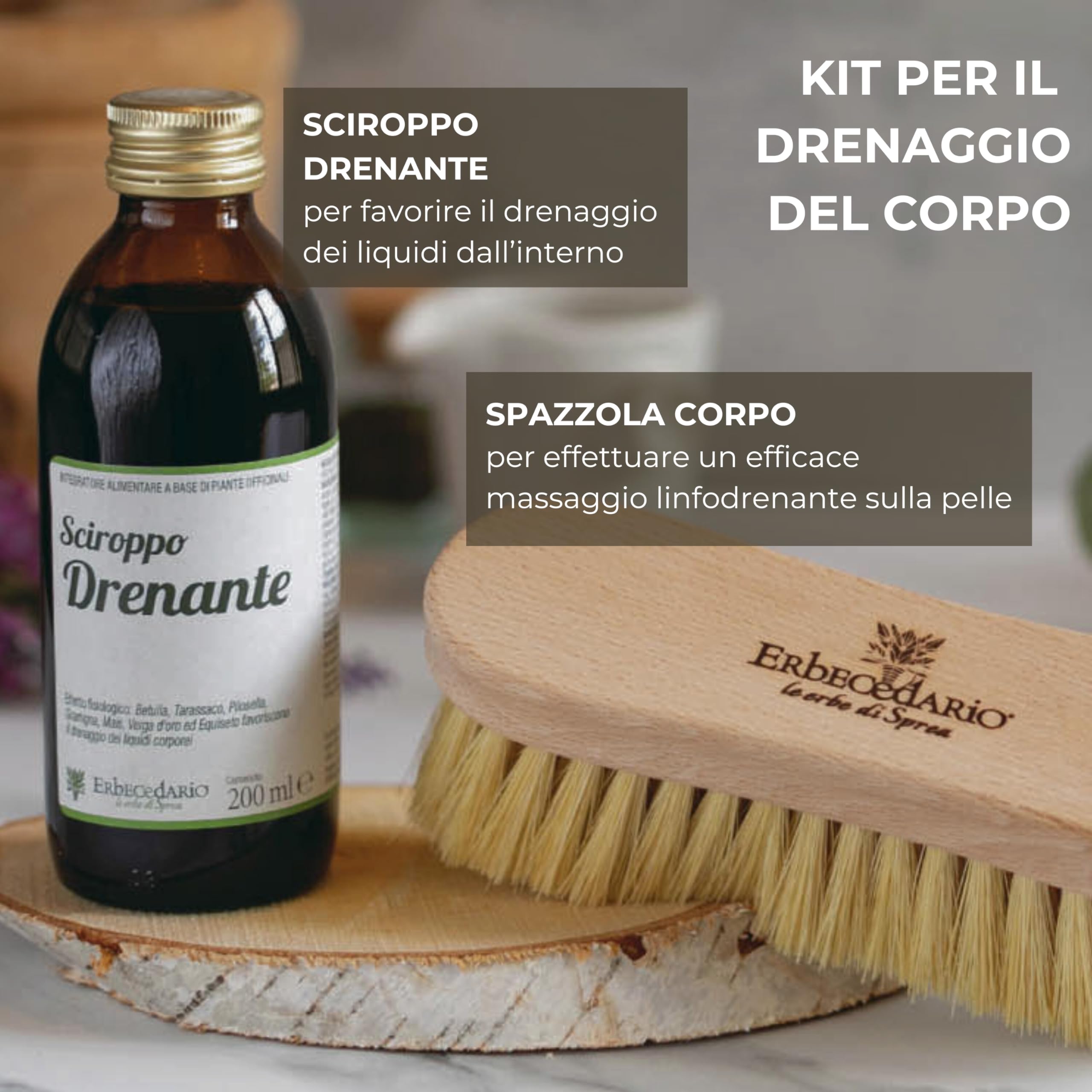 Kit Drenante completo - Sciroppo Drenante forte da bere 200ml, Spazzola Corpo per spazzolatura a secco e Olio da massaggio 150ml - Made in Italy