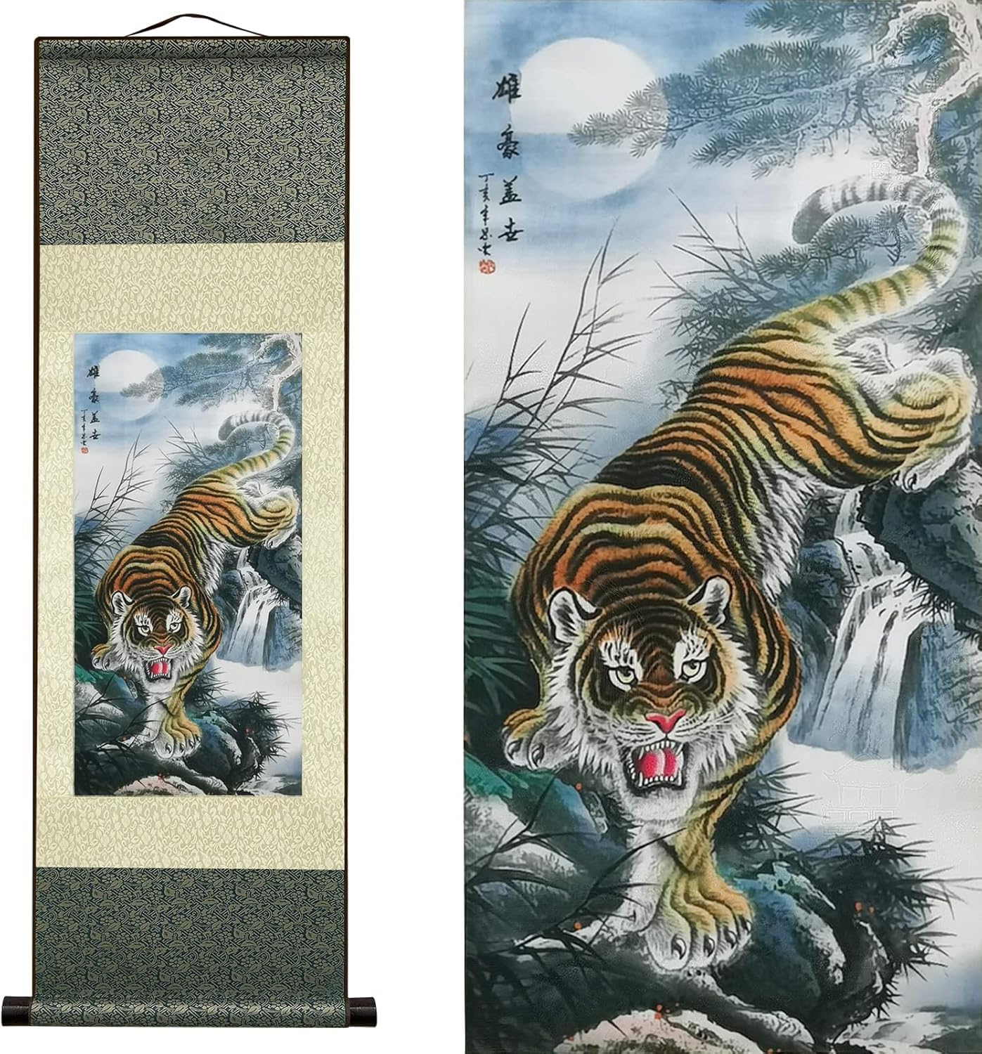 AtfArt Silk Scroll Painting Asian Wall Decor Animal - Deterrence Tiger - Tiger Majesty Domineering Beautiful Chinese Art Wall Scroll Hanging Painting Scroll Oriental Decor(36.2x12in)