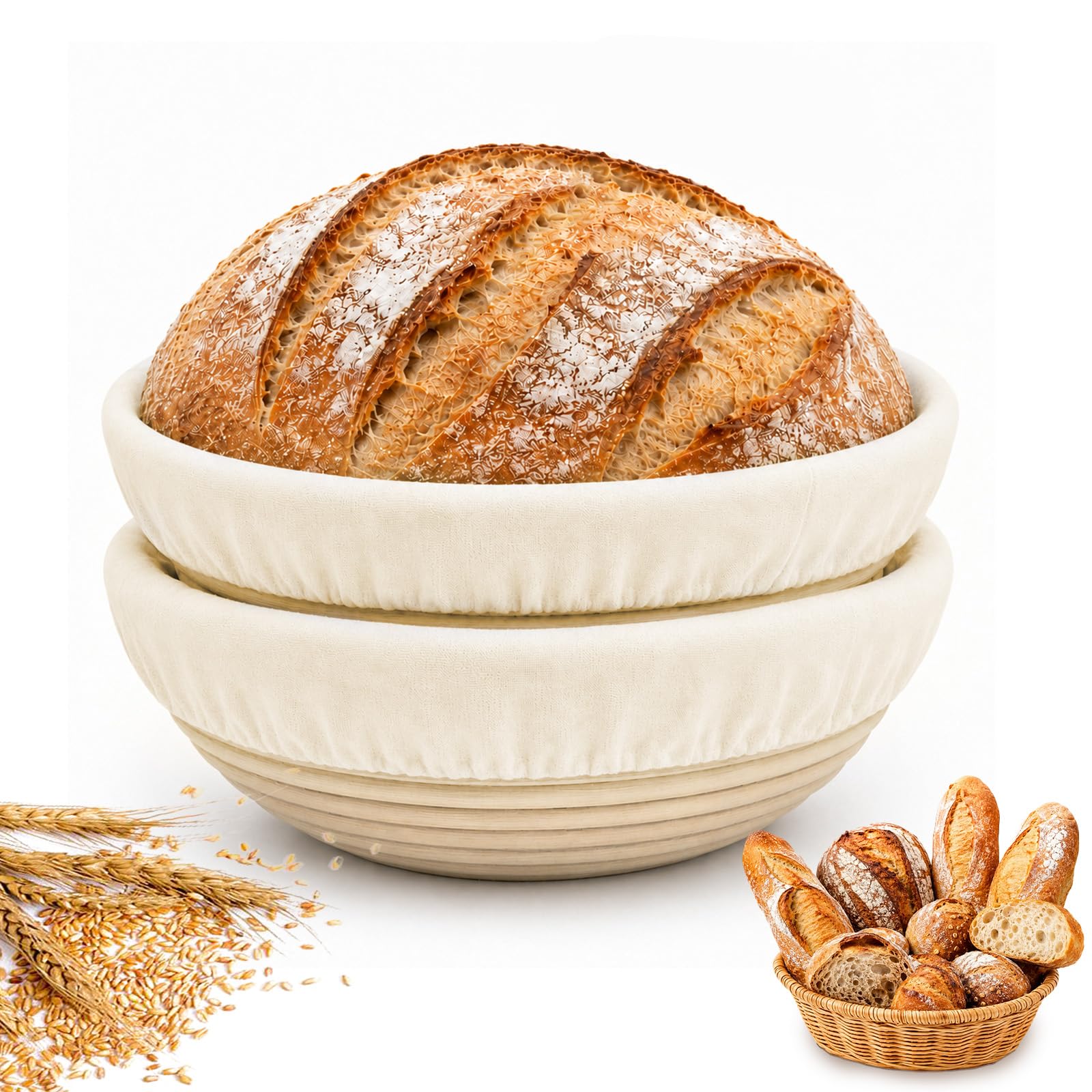 Banneton Brotgärkörbe, 23 cm, runder Sauerteig-Brotkorb mit Leinen, Rattan-Brotherstellung, Zubehör für Sauerteig-Backzubehör, antihaftbeschichtet, für professionelle und private Bäcker (rund)
