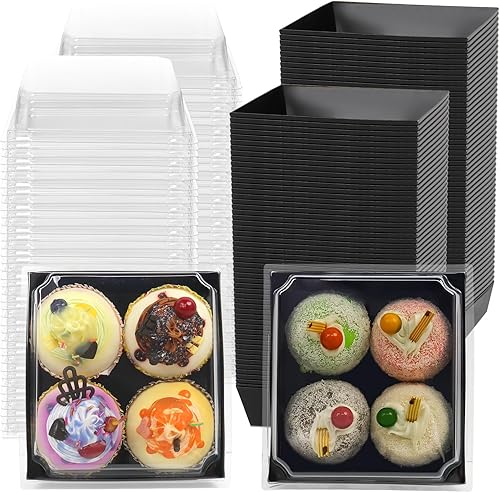 Paquete de 100 cajas de charcutería con tapas transparentes y seguras, 5.3 x 4.9 x 2.5 pulgadas, cuadrados negros, contenedores desechables para