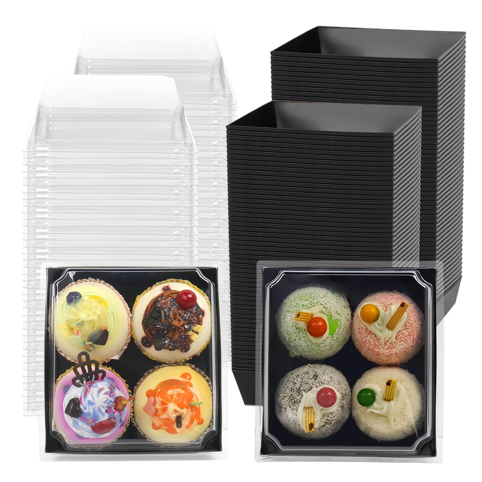 Photo 1 of 100 Pack Charcuterie Boxes with Clear Secure Lids, 5.3x4.9x2.5 Inches Black Square Disposable Food Containers Cookies Boxes for Sandwich, Pastry, Dessert