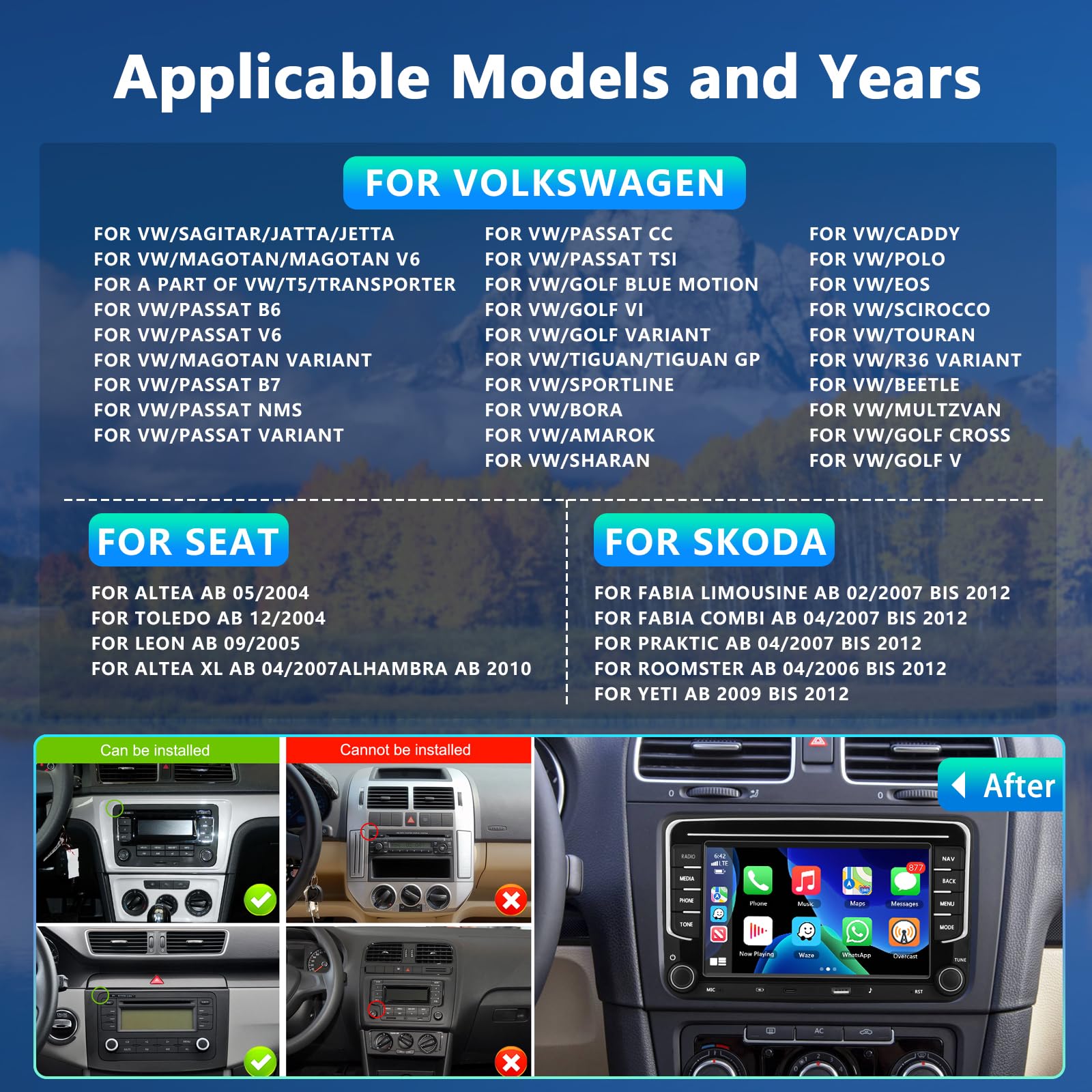 6+128G Motorsi Radio samochodowe do VW Golf 5 Tiguan Touran Passat Polo Skoda Caddy Seat z bezprzewodowym siedzeniem Carplay Android Auto 7" ekran dotykowy Navi/WiFi/FM/RDS/SWC/Canbus/Bluetooth/EQ+