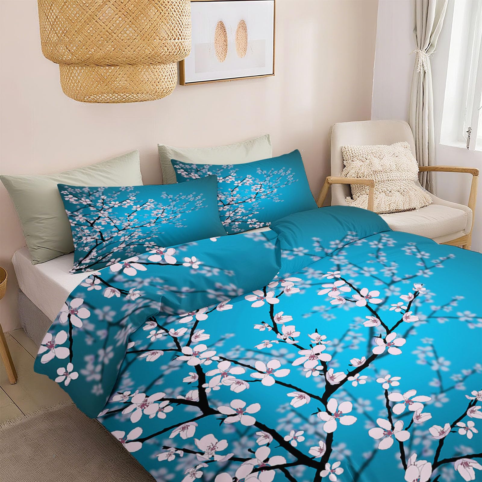 Housse de Couette 240x220 cm Fleurs de Cerisier du Japon, Parure de Lit 2 Personnes avec 2 Taies d'Oreiller 65x65 cm, Imprimé Floral Zen Réversible en Microfibre Douce et Respirante, Bleu Turquoise