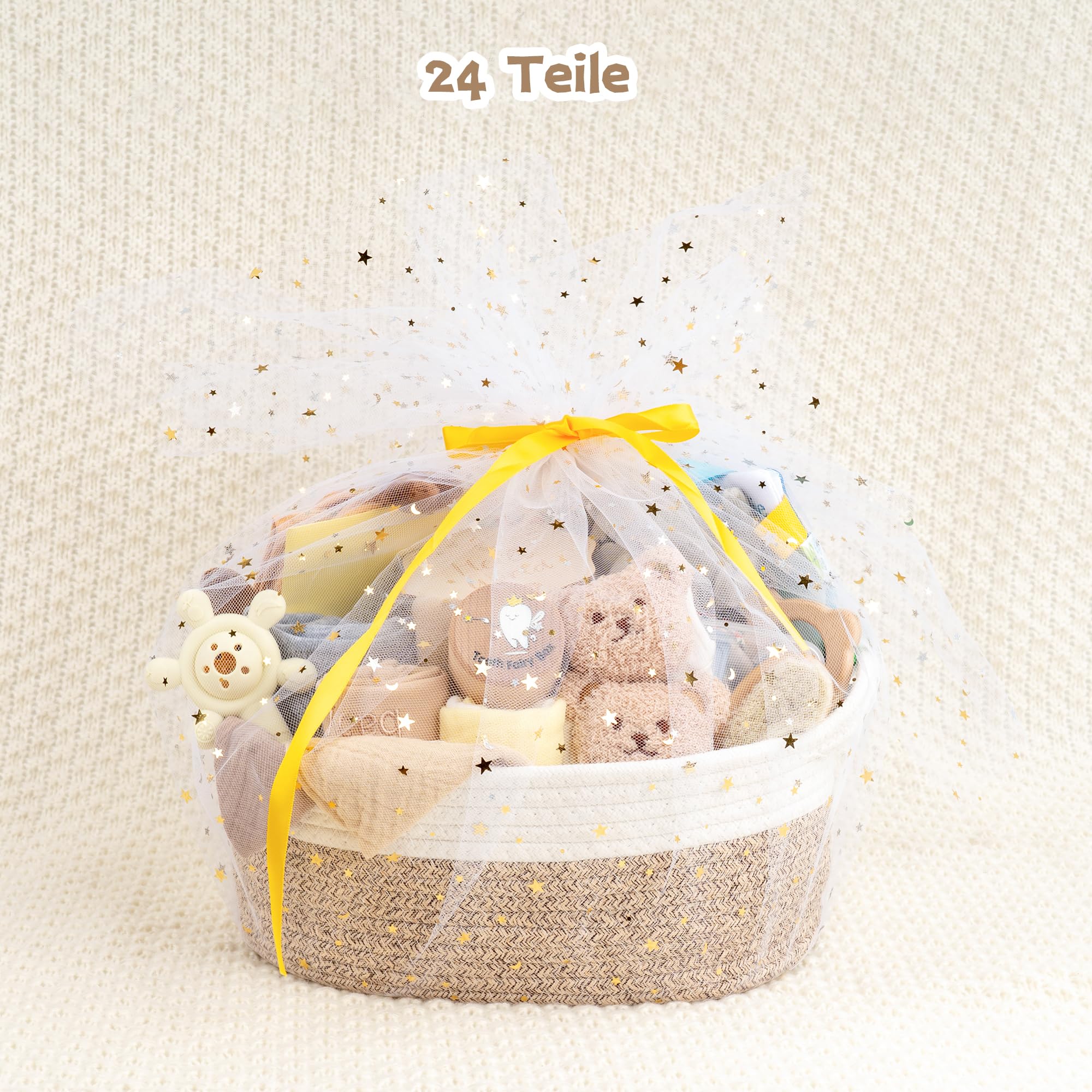 Neugeborenen Geschenk 24-teiliges，Baby zubehör, Strampler, Schnuffeltuch, Rassel & Karte，Geschenk zur Geburt für Babys (Khaki)