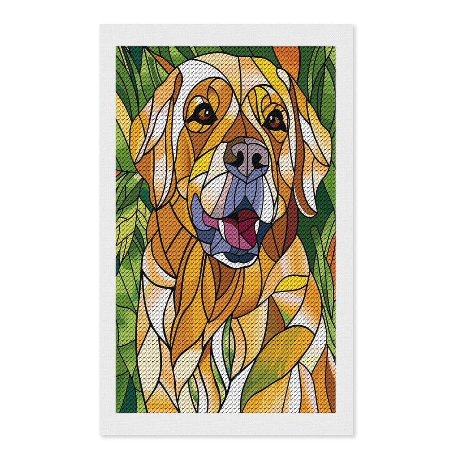 Junmoney Stained Glass Golden Retriever Portrait DIY Diamond Art Canvas Kit 12"x20", Farmhouse Decor, Vintage Style Decor, Handmade Wall Decor, Canvas Picture
