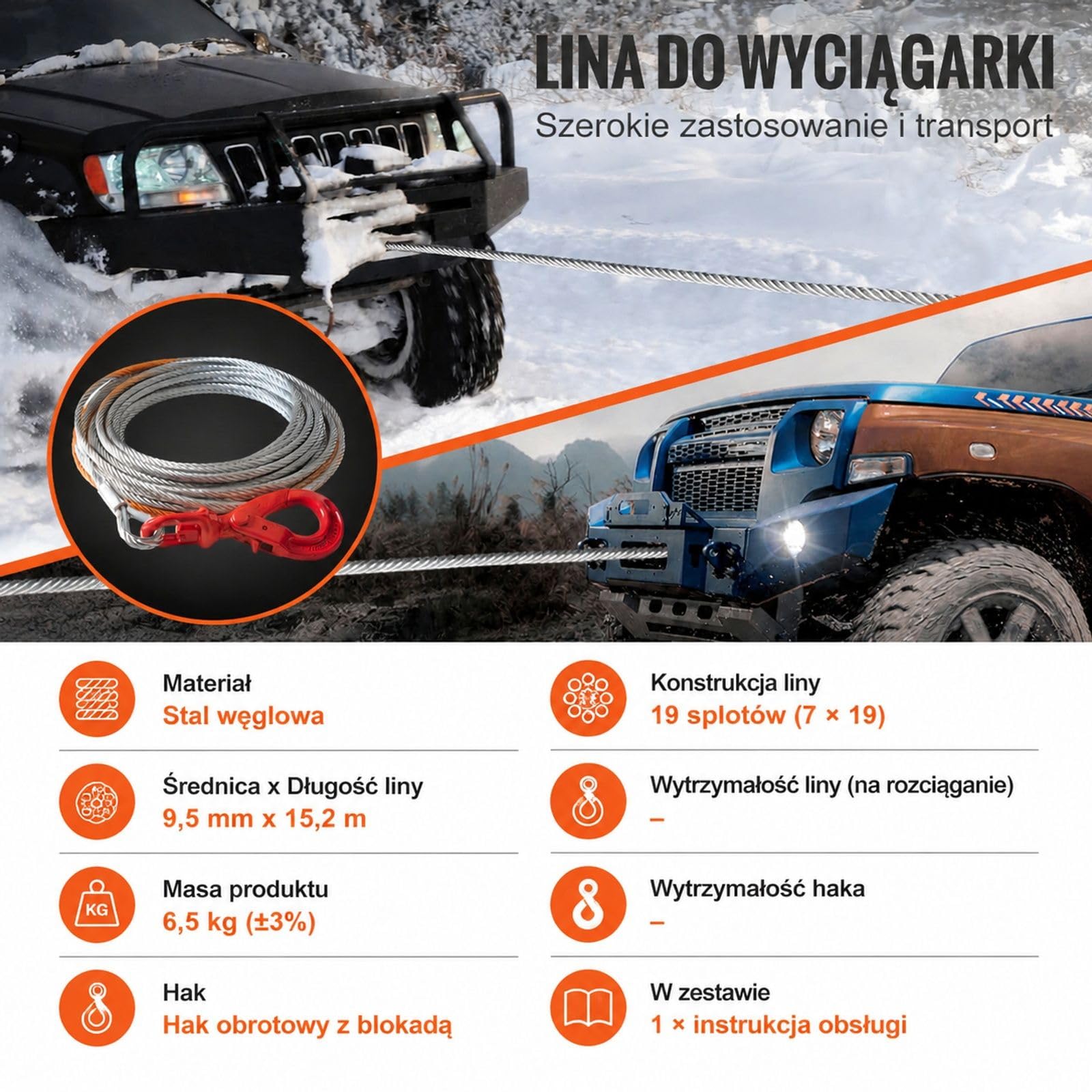 Lina wyciągarki ze stali węglowej z hakiem obrotowym i zatrzaskiem do auta, SUV, ATV oraz pojazdu terenowego