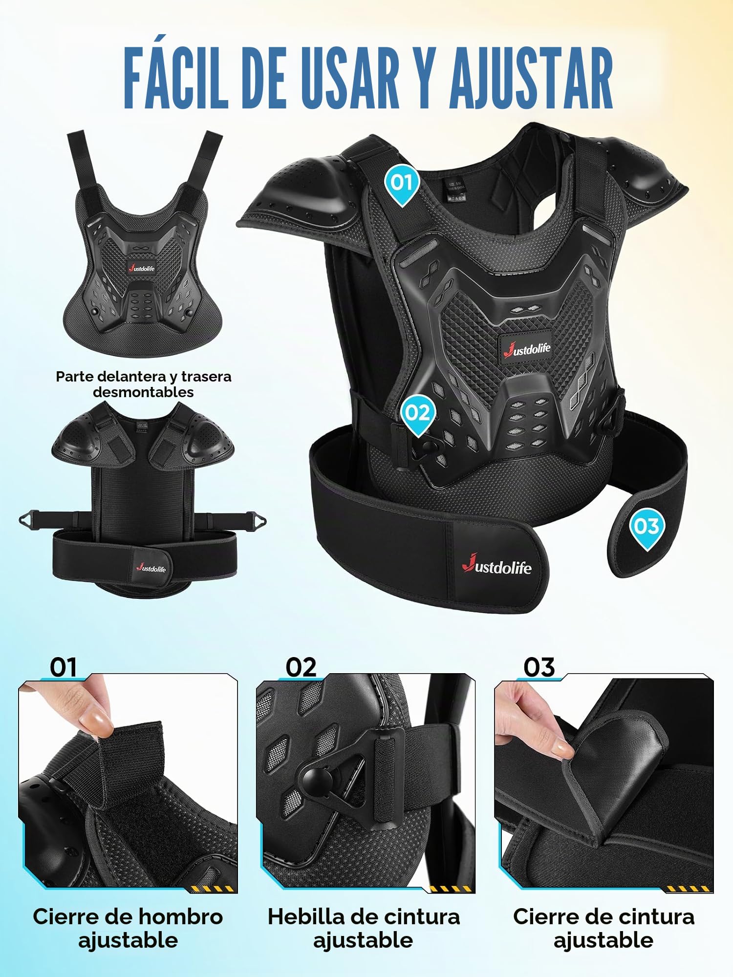 Motos Ropa Protectora Niños, JUSTDOLIFE 5 PCS Chaqueta Protectora de Moto para Niños de Pecho con Coderas y Rodilleras para Ciclismo Skateboarding Go-Karting