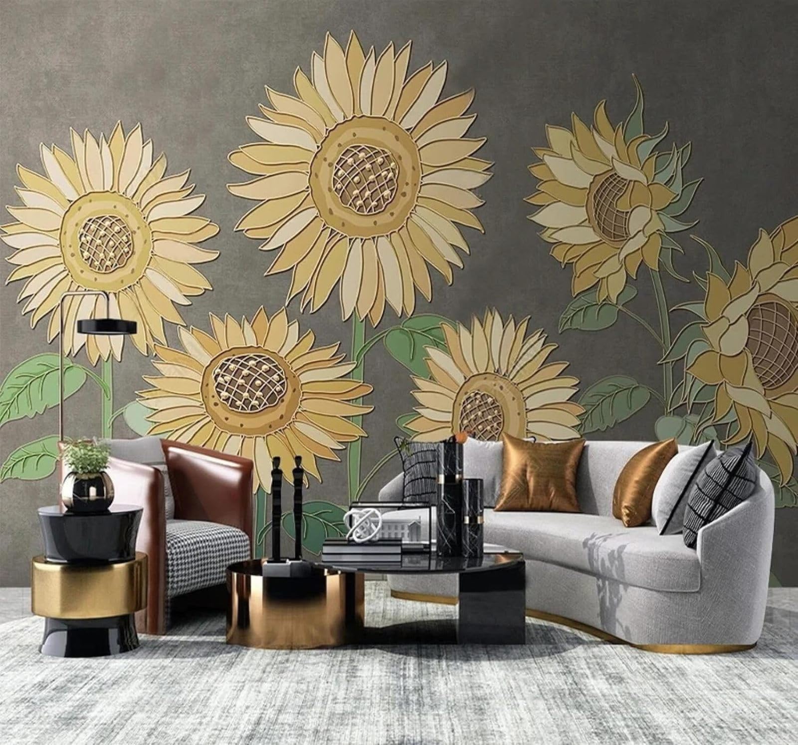 XLMING Retro Hand Drawn Plants Sunflowers Flowers 3D Wallpaper Premium Textured Silk Study Dining Living Room Bedroom Sofa TV Wall Easy Install-250cm×170cm
