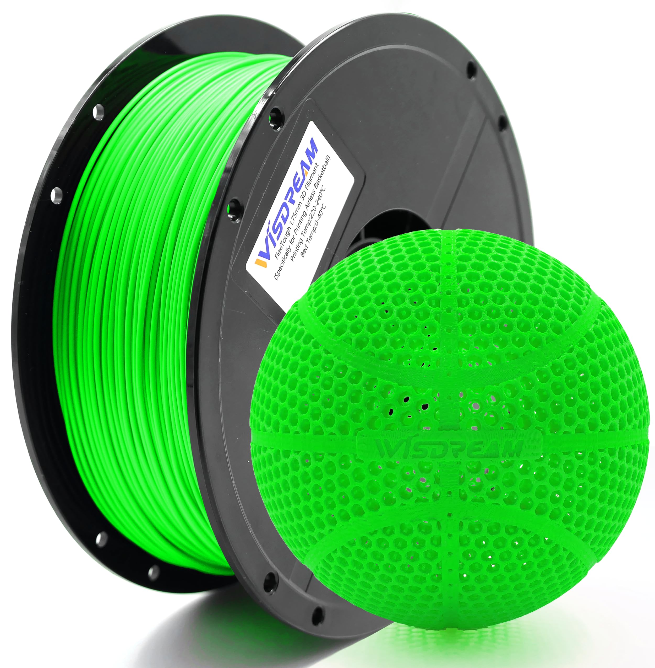 WISDREAM FlexiTough Flexibles Filament für den 3D-Druck realistischer, springender Airless-Basketbälle, 1,75 mm, 1 kg – kompatibel mit den meisten FDM-3D-Druckern (Limettengrün)