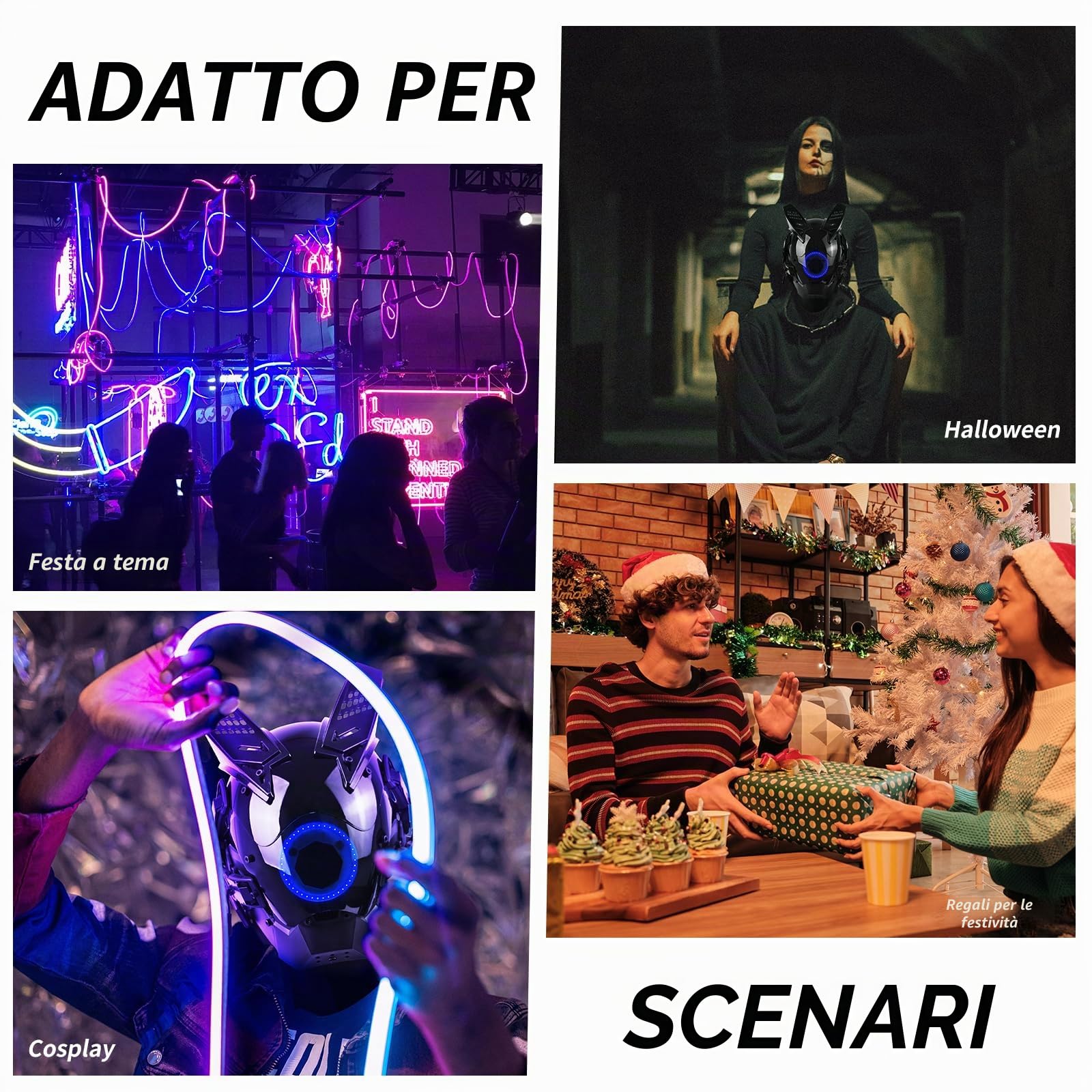 Marikito Punk Maschera con LED luce blu e set di ciondoli fai da te - Mezza maschera per costumi Techwear, maschera elettrica con dettagli neon e stile adatto per DJ