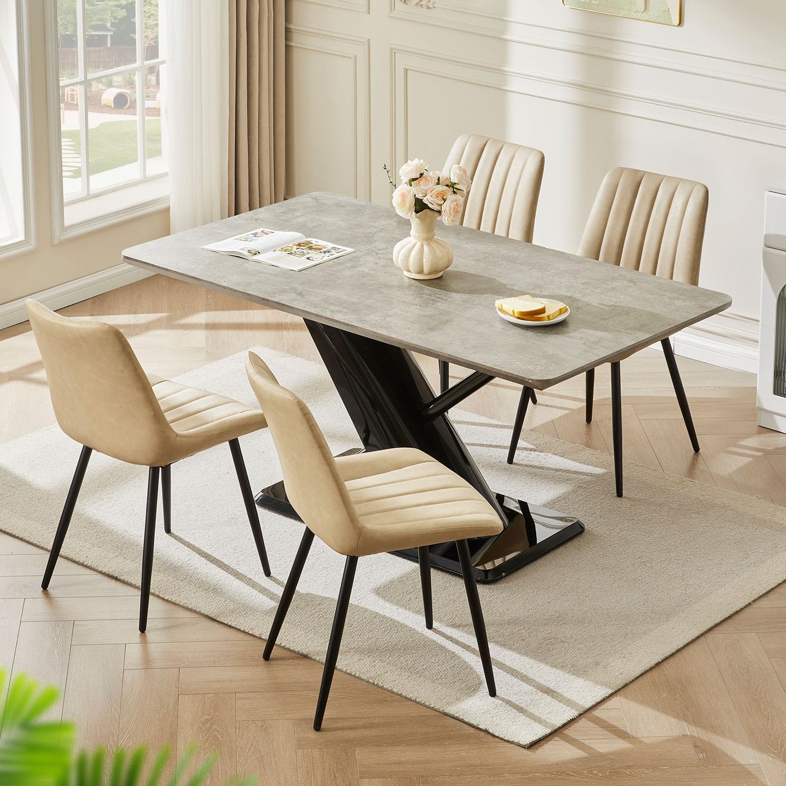 LEMROE Beige Dining Chairs Set of 4 Faux Leather, Metal Legs Kitchen Chair — image 1