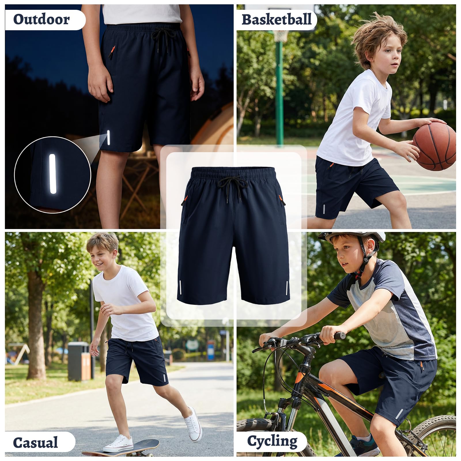 Pantaloncini Sportivi Ragazzi, Rapida Asciugatura Shorts con Strisce Riflettenti e Tasche Cerniera, Traspirante Abbigliamento Sportivo Cordino Interno Scuola Casual Bambini 6-13 Anni