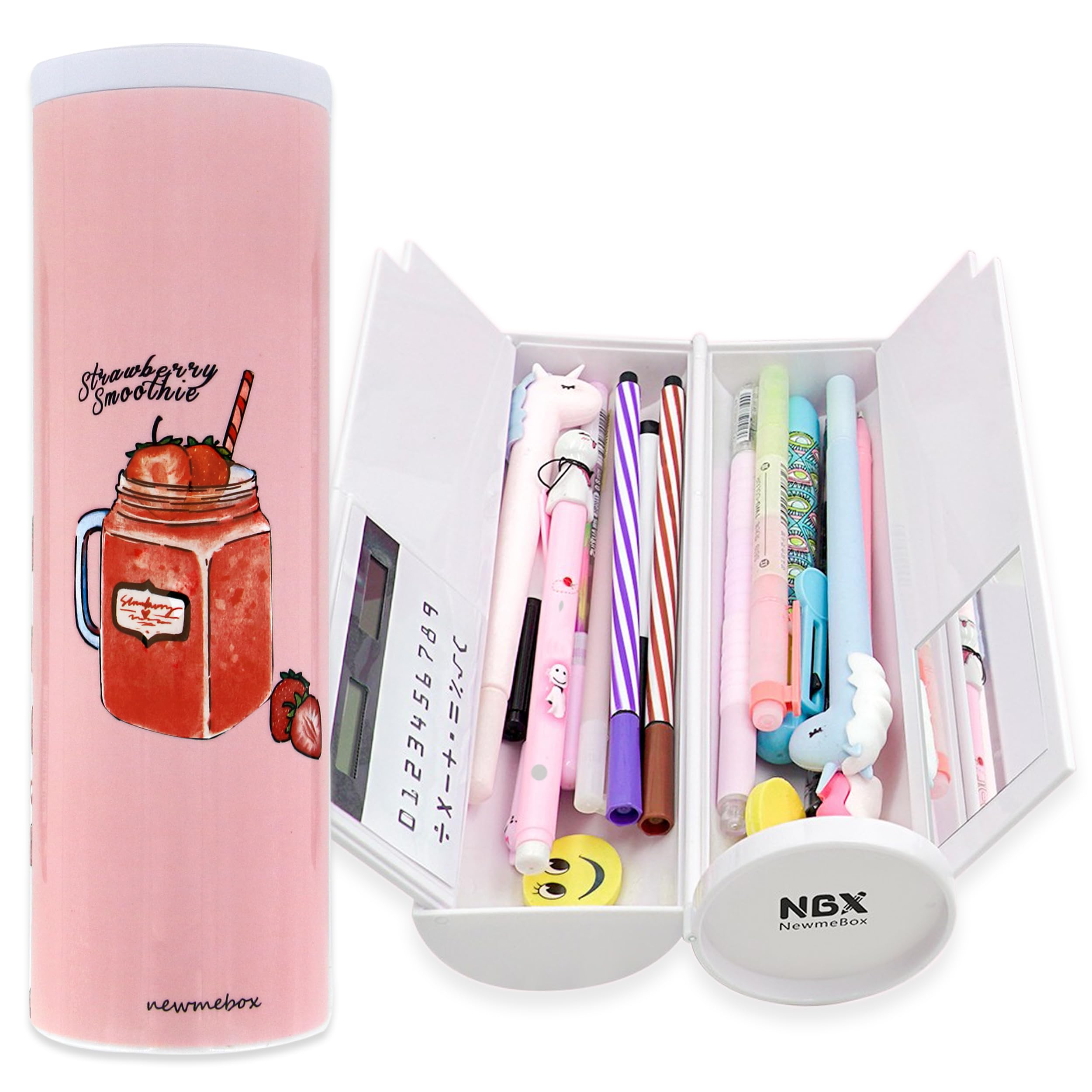NBX NewmeBox Pencil Case with Calculator, Mirror, Whiteboard, Cute and Cool Cylinder Pen Box, Multifunctional Desk Organizer, Kawaii Patterns for