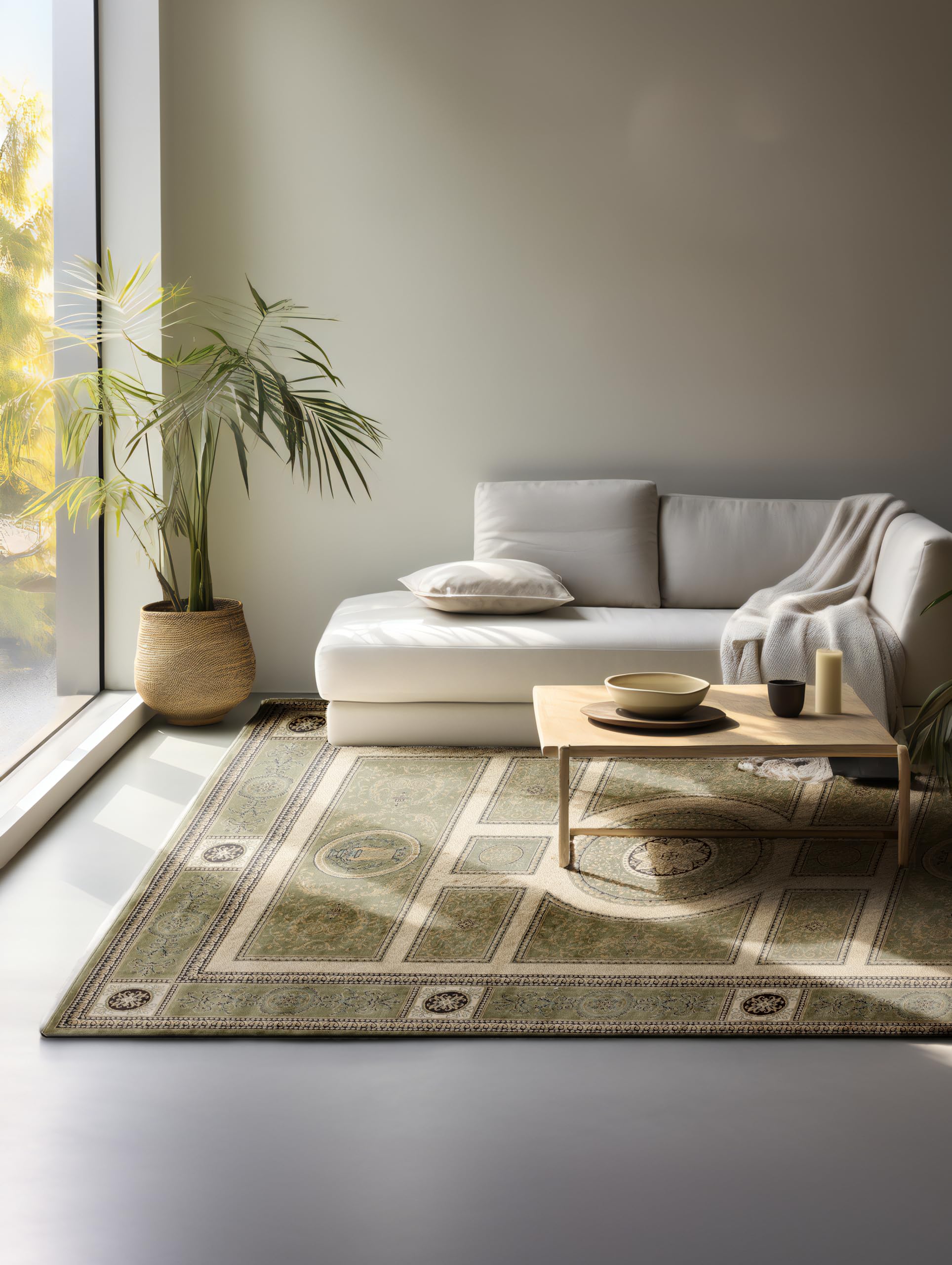 Tapis classique oriental vert pour créer un coin lecture cosy dans la chambre