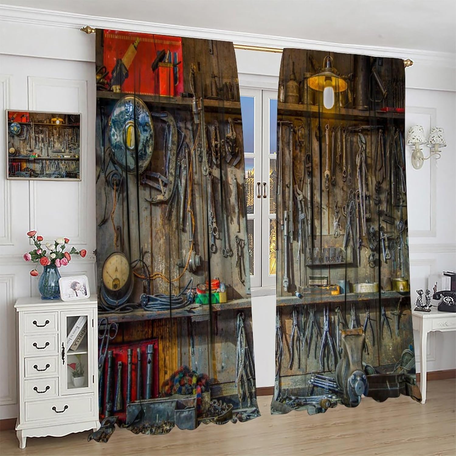 Man Cave Blackout Curtains Vintage Style Tools Hanging on The Wall in a Tool Shed Workshop Fixing Equipment Drapes with Rod Pocket for Home Decor Window Treatments 2 Panels 42x54 Inch