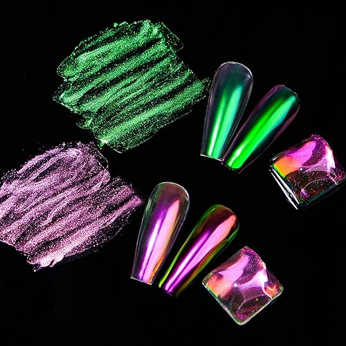 Miniatura 8 de MIZHSE Líquido de uñas cromado iridiscente, 0.3 onzas líquidas con base y capa superior negra, efecto espejo mágico, polvo cromado Aurora brillante