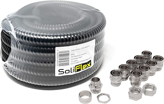 Outdoor Flexible Metal Cable Trunking | Galvanised PVC Coated Conduit Contractor Pack (IP54) 10M Coil - Underground Burial, Garden Ducting w/Fittings - 10 Glands and Locknuts