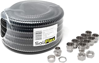 Outdoor Flexible Metal Cable Trunking | Galvanised PVC Coated Conduit Contractor Pack (IP54) 10M Coil - Underground Burial, Garden Ducting w/Fittings - 10 Glands and Locknuts