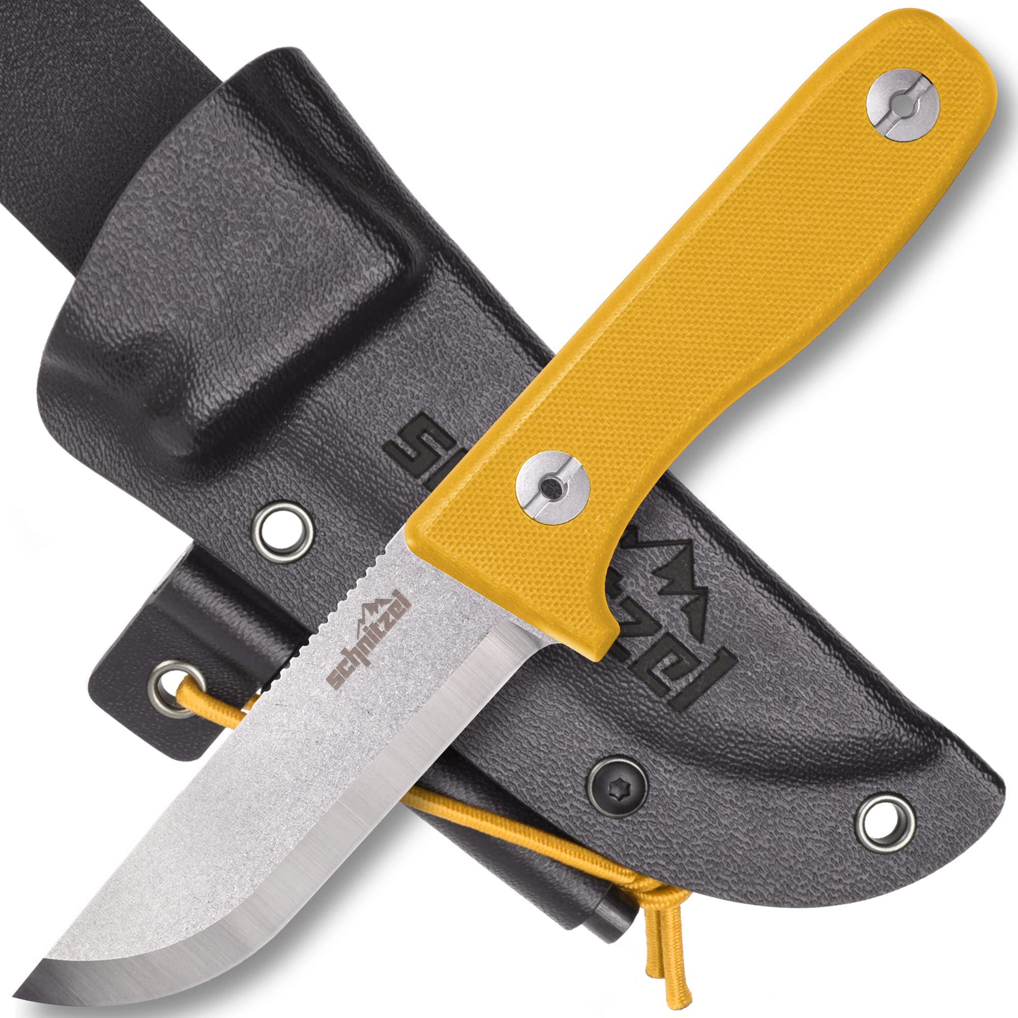 SCHNITZEL DU Outdoormesser für Kinder und Jugendliche ab 10 Jahren, Gelb | 8,5 cm Klinge aus rostfreiem 14C28N-Stahl, Kydex Scheide, Feuerstahl, Kindermesser, Schnitzmesser, Fahrtenmesser