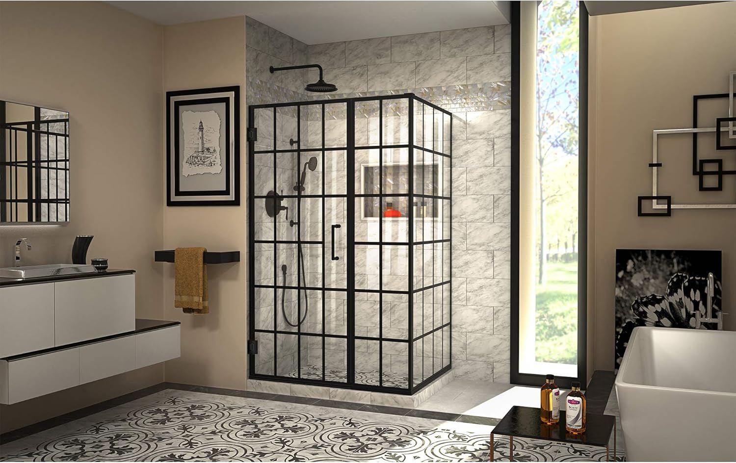 DreamLine Unidoor Toulon 34 in. D x 46 in. W x 72 in. H Frameless Hinged Shower Enclosure in Satin Black, SHEN-2434460-89