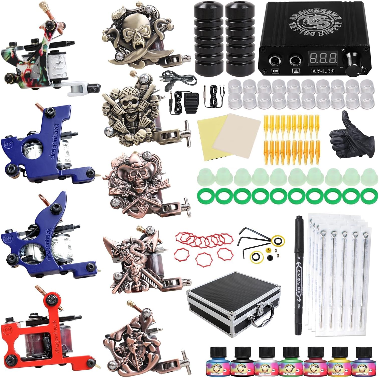 Complete Tattoo Kit with Case, Beginner Traditional Coils Tattoo Machines Power Supply Tattoo Ink Color Set Tattoo Needles Foot Pedal Grips Tips