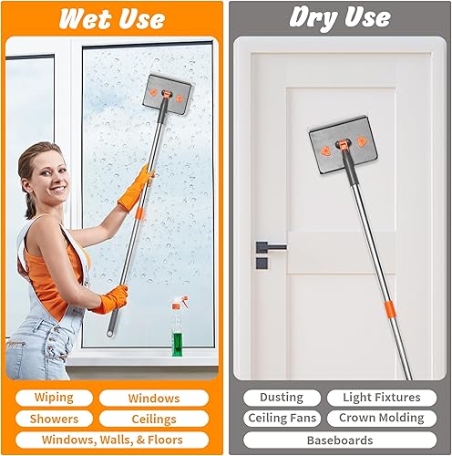 Miniatura 4 de ESTALUXE - Herramienta limpiadora de zócalos de 85 pulgadas con mango de acero inoxidable, mopa de pared de diseño convexo giratorio de 180 con 6