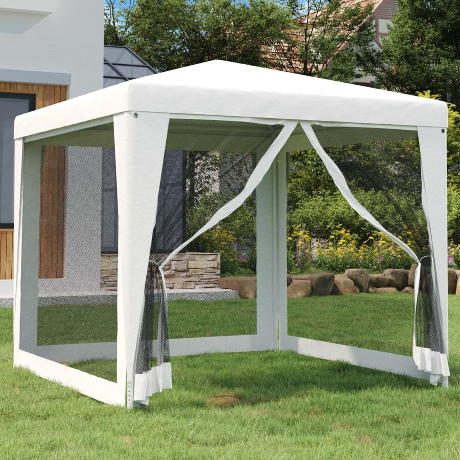 Partyzelt mit 4 Netz-Seitenwänden, Party Deko, Festzelt, Pavillon, Garden Decoration, Canopy Tent, Lagerzelt, Gartenpavillon, 2,5 x 2,5 m Weiß