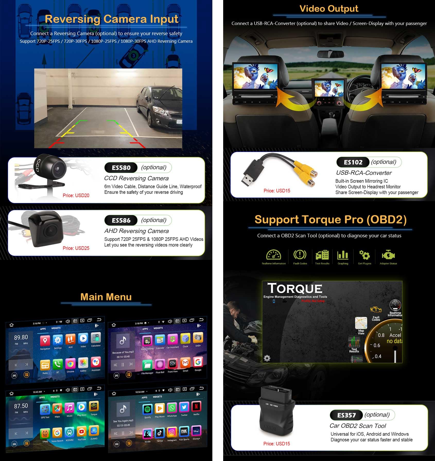 Erisin 7" 8-Core 4GB+64GB Android 14 Autoradio 2 Din GPS Navigatore per VW Polo 6R Golf 5 Golf 6 T5 Passat B6 Jetta Tiguan Seat Leon Skoda CarPlay Android Auto WiFi 4G DSP RDS DAB+ CD DVD Canbus OPS