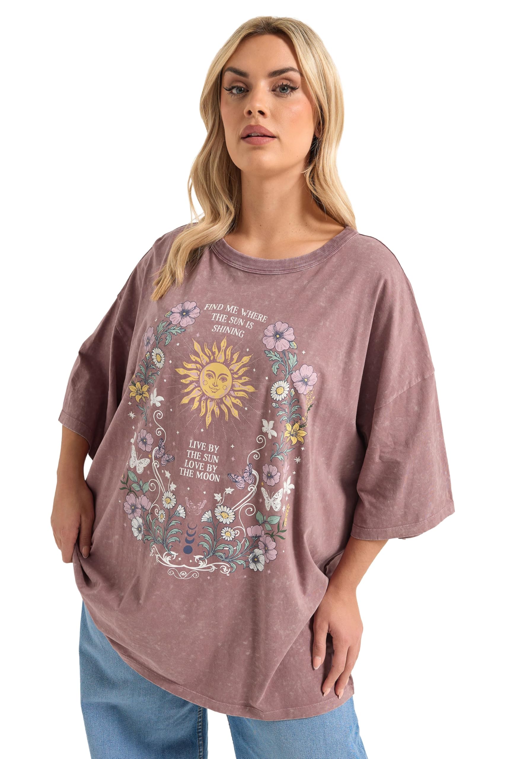 Yours Women's Dusty Pink Floral & Sun Graphic Boxy T-Shirt In | Size: 20