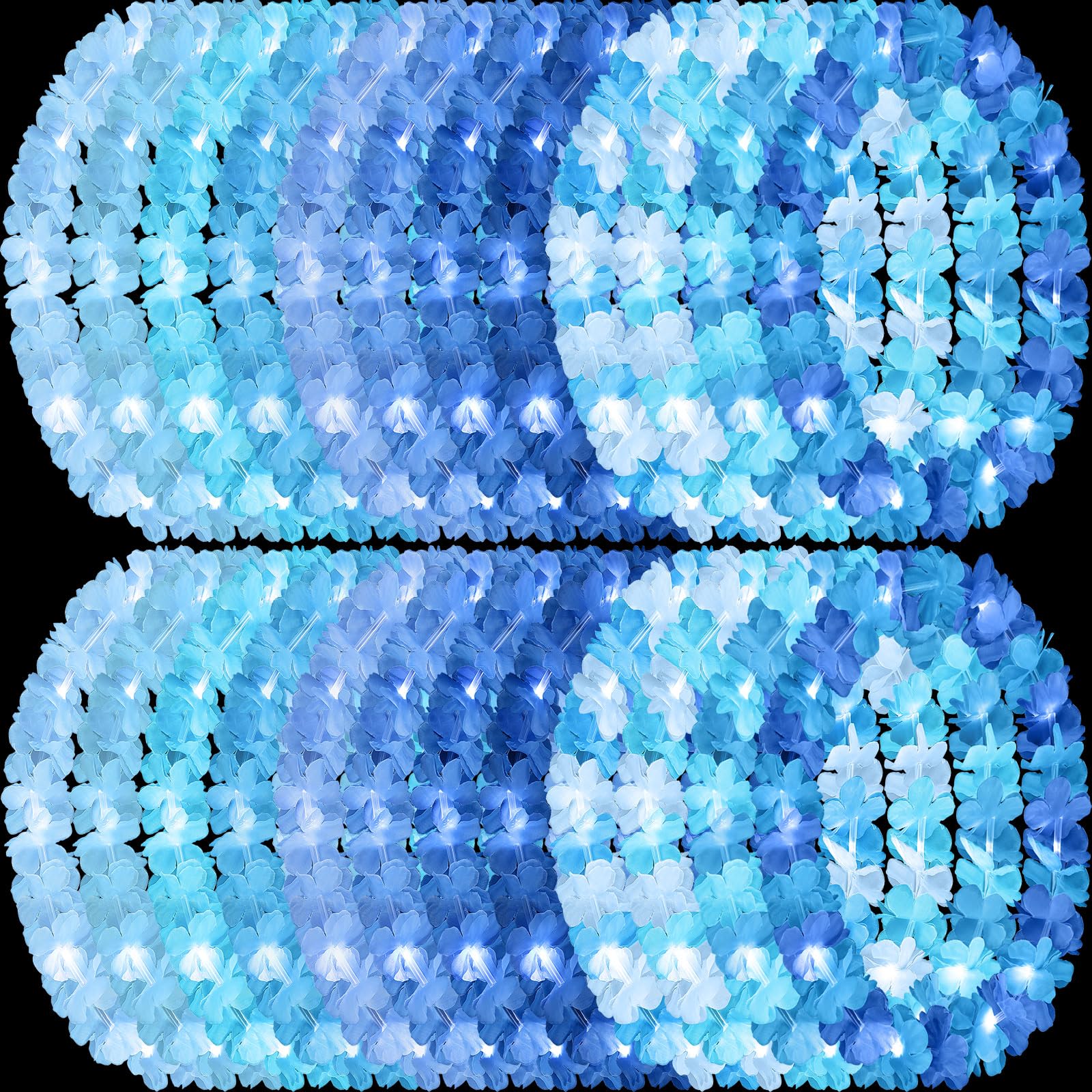 Photo 1 of Sherr 24pcs LED Leis Light up Wedding Hawaiian Leis Flower Necklace with LED Lights Beach Tropical Carnival Party Wedding Supplies Luau for Masquerade (Light Blue)