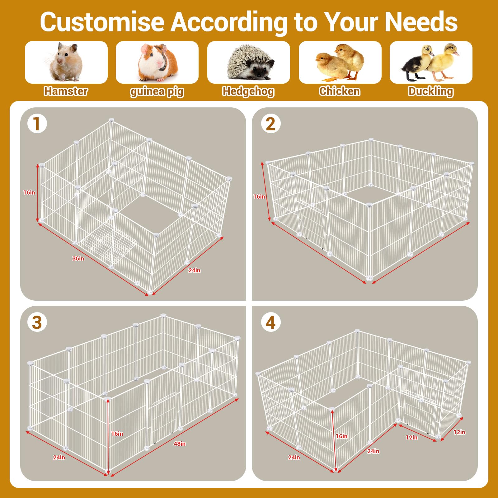 VISCOO Lot de 12 cages pour cochons d'Inde, 121,9 x 61 x 40,6 cm, parc pour petits animaux avec tapis imperméable, cage C & C pour cochons d'Inde, lapins, hamsters, cage d'intérieur portable en fil